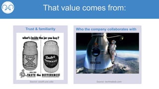 That value comes from:
Trust & familiarity
Source: south.unc.edu
Who the company collaborates with
Source: technabob.com
 