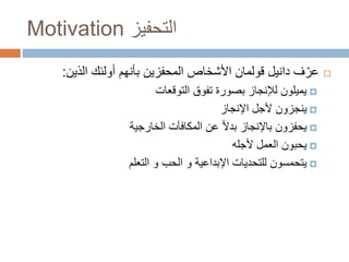 Motivation ‫التحفيز‬
‫ف‬ّ‫عر‬‫دانيل‬‫قولمان‬‫أولئك‬ ‫بأنهم‬ ‫المحفزين‬ ‫األشخاص‬‫الذين‬:
‫التوقعات‬ ‫تفوق‬ ‫بصورة‬ ‫لإلنجاز‬ ‫يميلون‬
‫اإلنجاز‬ ‫ألجل‬ ‫ينجزون‬
‫الخارجية‬ ‫المكافآت‬ ‫عن‬ ً‫ال‬‫بد‬ ‫باإلنجاز‬ ‫يحفزون‬
‫ألجله‬ ‫العمل‬ ‫يحبون‬
‫التعلم‬ ‫و‬ ‫الحب‬ ‫و‬ ‫اإلبداعية‬ ‫للتحديات‬ ‫يتحمسون‬
 