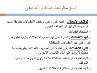 ‫العاطفي‬ ‫الذكاء‬ ‫مكونات‬ ‫تابع‬
‫توظيف‬‫االنفعاالت‬:‫بطر‬ ‫االنفعاالت‬ ‫توظيف‬ ‫على‬ ‫القدره‬ ‫لديه‬‫تسهم‬ ‫يقة‬
‫الموقف‬ ‫في‬ ‫التركيز‬ ‫زيادة‬ ‫في‬‫المهم‬.
‫انفعاالته‬ ‫استخدام‬
‫فهم‬‫االنفعاالت‬:‫وكيفية‬ ‫االنفعاالت‬ ‫اسباب‬ ‫فهم‬ ‫على‬ ‫القدرة‬‫ت‬‫طورها‬.
‫االنفعاالت‬ ‫فهم‬ ‫على‬ ‫القدرة‬‫المستقبلية‬.
‫ادارة‬‫االنفعاالت‬:‫ب‬ ‫بطريقة‬ ‫انفعاالتنا‬ ‫تصريف‬ ‫على‬ ‫القدرة‬ ‫هي‬‫ناءة‬
‫أو‬ ‫الذات‬ ‫ايذاء‬ ‫الى‬ ‫يؤدي‬ ‫ال‬ ‫بحيث‬‫االخرين‬.
‫يناسب‬ ‫ال‬ ‫اظهارها‬ ‫يكون‬ ‫عندما‬ ‫انفعاالته‬ ‫اخفاء‬ ‫على‬ ‫القدرة‬ ‫لديه‬
‫الموقف‬.
‫انفعاالت‬ ‫استثارة‬ ‫على‬ ‫القدرة‬ ‫لديه‬‫االخرين‬.
 