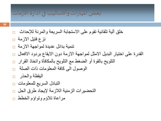 36
‫مات‬‫ز‬‫اال‬‫ة‬‫ر‬‫ادا‬ ‫في‬ ‫واألساليب‬ ‫ات‬‫ر‬‫املها‬ ‫بعض‬
 ‫لإلحداث‬ ‫والمرنة‬ ‫السريعة‬ ‫االستجابة‬ ‫على‬ ‫تقوم‬ ‫تلقائية‬ ‫آلية‬ ‫خلق‬
 ‫االزمة‬ ‫فتيل‬ ‫نزع‬
 ‫االزمة‬ ‫لمواجهة‬ ‫عديدة‬ ‫بدائل‬ ‫تنمية‬
 ‫االفعال‬ ‫بردود‬ ‫االيقاع‬ ‫دون‬ ‫االزمة‬ ‫لمواجهة‬ ‫االمثل‬ ‫البديل‬ ‫اختيار‬ ‫على‬ ‫القدرة‬
 ‫التلويح‬ ‫مع‬ ‫الضغط‬ ‫أو‬ ‫بالقوة‬ ‫التلويح‬‫القرار‬ ‫واتخاذ‬ ‫بالمكافأة‬
 ‫الصلة‬ ‫ذات‬ ‫المعلومات‬ ‫كافة‬ ‫الى‬ ‫الوصول‬
 ‫والحذر‬ ‫اليقظة‬
 ‫للمعلومات‬ ‫السريع‬ ‫التبادل‬
 ‫الحل‬ ‫طرق‬ ‫إليجاد‬ ‫الالزمة‬ ‫الزمنية‬ ‫التحضيرات‬
 ‫الخطط‬ ‫وتواؤم‬ ‫تالؤم‬ ‫مراعاة‬
 