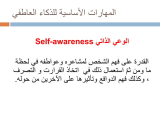 ‫العاطفي‬ ‫للذكاء‬ ‫األساسية‬ ‫المهارات‬
‫الذاتي‬ ‫الوعي‬Self-awareness
‫لحظة‬ ‫في‬ ‫وعواطفه‬ ‫لمشاعره‬ ‫الشخص‬ ‫فهم‬ ‫على‬ ‫القدرة‬
‫اتخاذ‬ ‫في‬ ‫ذلك‬ ‫استعمال‬ ّ‫م‬‫ث‬ ‫ومن‬ ‫ما‬‫القرارت‬‫و‬‫التصرف‬
‫حوله‬ ‫من‬ ‫اآلخرين‬ ‫على‬ ‫وتأثيرها‬ ‫الدوافع‬ ‫فهم‬ ‫وكذلك‬ ،.
 