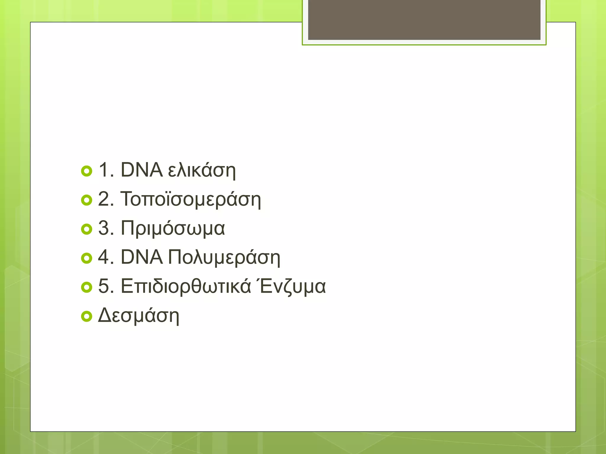  1. DNA ελικάση
 2. Τοποϊσομεράση
 3. Πριμόσωμα
 4. DNA Πολυμεράση
 5. Επιδιορθωτικά Ένζυμα
 Δεσμάση
 