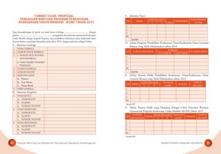 Petunjuk Teknis Tata Cara Memperoleh Dana Bantuan Operasional Penyelenggaraan Kegiatan Pendidikan Keaksaraan Usaha Mandiri32 33
FORMAT ISIAN PROPOSAL
PENGAJUAN BANTUAN PROGRAM PENDIDIKAN
KEAKSARAAN USAHA MANDIRI (KUM) TAHUN 2015
Yang bertandatangan di bawah ini, kami ketua Lembaga ........................................., dengan
alamat..........................................................,mengajukandanabantuanoperasionalkeaksaraan
Usaha Mandiri sebagai program lanjutan dari pendidikan keaksaraan dasar/ keaksaraan dasar
layanan khusus yang kami laksanakan pada tahun 2014 dengan perincian sebagai berikut:
A. Identitas Lembaga
1. NAMA LEMBAGA
2. NOMOR INDUK LEMBAGA
3. a. NOMOR AKTE NOTARIS/
IZIN PENDIRIAN
b. NAMA PEJABAT PENERBIT
PERIZINAN
4. ALAMAT LEMBAGA
5. NOMOR TELP./HP
6. REKENING BANK
a. Nomor
b. Atas Nama
c. Nama Bank
5. NPWP LEMBAGA
B. Identitas Pengelola
1. NAMA KETUA
a. NOMOR KTP
b. ALAMAT
c. NOMOR TELP/HP
2. NAMA SEKRETARIS
a. NOMOR KTP
b. ALAMAT
c. NOMOR TELP/HP
3. NAMA BENDAHARA
a. NOMOR KTP
b. ALAMAT
c. NOMOR TELP/HP
C. Identitas Tutor
NO. NAMA
JENIS KELAMIN
UMUR
PENDIDIKAN
LAMA MENJADI
TUTORL P
1.
2.
3.
dst
Jumlah
D. Lokasi Program Pendidikan Keaksaraan Dasar/Keaksaraan Dasar Layanan
Khusus yang Telah Dilaksanakan tahun 2014
NO LOKASI PROGRAM
JUMLAH
SUMBER DANA
KELOMPOK ANGGARAN
1.
2.
3.
dst
Jumlah
E. Daftar Peserta Didik Pendidikan Keaksaraan Dasar/Keaksaraan Dasar
Layanan Khusus yang Telah Dibelajarkan tahun 2014
NO NAMA
JENIS KELAMIN TANGGAL
LAHIR*)
ALAMAT
TAHUN
BELAJARL P
1.
2.
3.
dst
*)
sesuai KTP
F. Daftar Peserta Didik yang Diajukan Sebagai Calon Penerima Bantuan
Operasional Program Keaksaraan Usaha Mandiri (KUM) Tahun 2015
NO
NOMOR
SERI SUKMA
NAMA
JENIS KELAMIN TANGGAL
LAHIR*)
ALAMAT
TAHUN
BELAJARL P
1.
2.
3.
dst
*)
sesuai KTP
 