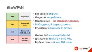 6LoWPAN
• Все уровни открыты
• Лицензия не требуется
• Приложения — не стандартизированы
• MAC-адреса, IP-адреса, сокеты
• Стыковка с обычными IP-сетями
• Любые SoC, включая Cortex-M
• Диапазоны 868 МГц и 2450 МГц
• Глубина сети — более 200 хопов
APP Отсутствует
NET
Открытый
IPv6
MAC
Открытый
IEEE 802.15.4
PHY
868 МГц
2450 МГц
 