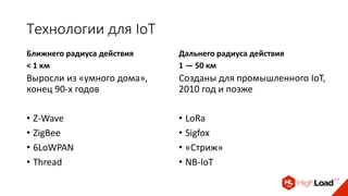 Технологии для IoT
Ближнего радиуса действия
< 1 км
Выросли из «умного дома»,
конец 90-х годов
• Z-Wave
• ZigBee
• 6LoWPAN
• Thread
Дальнего радиуса действия
1 — 50 км
Созданы для промышленного IoT,
2010 год и позже
• LoRa
• Sigfox
• «Стриж»
• NB-IoT
 