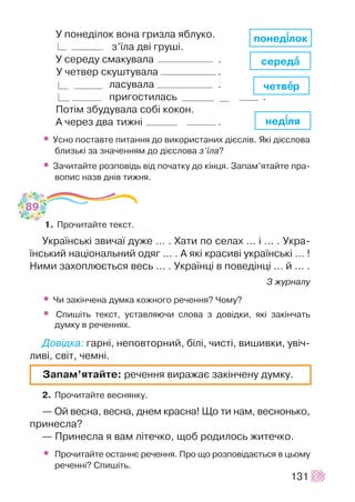 Ó ïîíåä³ëîê âîíà ãðèçëà ÿáëóêî.
ç’¿ëà äâ³ ãðóø³.
Ó ñåðåäó ñìàêóâàëà .
Ó ÷åòâåð ñêóøòóâàëà .
ëàñóâàëà .
ïðèãîñòèëàñü .
Ïîò³ì çáóäóâàëà ñîá³ êîêîí.
À ÷åðåç äâà òèæí³ .
• Óñíî ïîñòàâòå ïèòàííÿ äî âèêîðèñòàíèõ ä³ºñë³â. ßê³ ä³ºñëîâà
áëèçüê³ çà çíà÷åííÿì äî ä³ºñëîâà ç’¿ëà?
• Çà÷èòàéòå ðîçïîâ³äü â³ä ïî÷àòêó äî ê³íöÿ. Çàïàì’ÿòàéòå ïðà-
âîïèñ íàçâ äí³â òèæíÿ.
1. Ïðî÷èòàéòå òåêñò.
Óêðà¿íñüê³ çâè÷à¿ äóæå … . Õàòè ïî ñåëàõ … ³ … . Óêðà-
¿íñüêèé íàö³îíàëüíèé îäÿã … . À ÿê³ êðàñèâ³ óêðà¿íñüê³ … !
Íèìè çàõîïëþºòüñÿ âåñü … . Óêðà¿íö³ â ïîâåä³íö³ … é … .
Ç æóðíàëó
• ×è çàê³í÷åíà äóìêà êîæíîãî ðå÷åííÿ? ×îìó?
• Ñïèø³òü òåêñò, óñòàâëÿþ÷è ñëîâà ç äîâ³äêè, ÿê³ çàê³í÷àòü
äóìêó â ðå÷åííÿõ.
Äîâ³äêà: ãàðí³, íåïîâòîðíèé, á³ë³, ÷èñò³, âèøèâêè, óâ³÷-
ëèâ³, ñâ³ò, ÷åìí³.
2. Ïðî÷èòàéòå âåñíÿíêó.
— Îé âåñíà, âåñíà, äíåì êðàñíà! Ùî òè íàì, âåñíîíüêî,
ïðèíåñëà?
— Ïðèíåñëà ÿ âàì ë³òå÷êî, ùîá ðîäèëîñü æèòå÷êî.
• Ïðî÷èòàéòå îñòàííº ðå÷åííÿ. Ïðî ùî ðîçïîâ³äàºòüñÿ â öüîìó
ðå÷åíí³? Ñïèø³òü.
131
ïîíåä³³ëîê
ñåðåäàà
÷åòâååð
íåä³³ëÿ
Çàïàì’ÿòàéòå: ðå÷åííÿ âèðàæàº çàê³í÷åíó äóìêó.
89
 