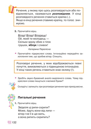 3. Ïðî÷èòàéòå â³ðø.
Â³òåð! Â³òåð! Â³òåðåöü!
Îé, ÿêèé òè ìîëîäåöü —
Ñê³ëüêè çðàçó çáèâ ç ã³ëîê
ãðóøîê, ÿáëóê ³ ñëèâîê!
Êàòåðèíà Ïåðåë³ñíà
• Ïðî÷èòàéòå ï³äêðåñëåí³ ñëîâà. ²íòîíàö³éíî ïåðåäàéòå çà-
õîïëåííÿ òèì, ùî çðîáèâ â³òåð. Ñïèø³òü.
• Çðîá³òü çâóêî-áóêâåíèé àíàë³ç âèä³ëåíîãî ñëîâà. ×îìó ï³ä-
êðåñëåí³ ñëîâà ïèøóòüñÿ ç âåëèêî¿ áóêâè?
Ñêëàä³òü ³ çàïèø³òü òðè ðîçïîâ³äí³ ðå÷åííÿ ïðî ïðèõ³ä âåñíè.
Ïèòàëüí³ ðå÷åííÿ
1. Ïðî÷èòàéòå â³ðø.
Çâ³äê³ëÿ ö³ ðèïè-ñêðèïè?
Ìîæå, éäóòü âîíè â³ä ëèïè —
â³òåð ãíå ¿¿ â öþ ìèòü,
à âîíà ðèïèòü-ñêðèïèòü?
132
Ðå÷åííÿ, ó ÿêîìó ïðî ùîñü ðîçïîâ³äàºòüñÿ àáî ïî-
â³äîìëÿºòüñÿ, íàçèâàºòüñÿ ðîçïîâ³äíèì. Ó ê³íö³
ðîçïîâ³äíîãî ðå÷åííÿ ñòàâèòüñÿ êðàïêà (.).
ßêùî â ê³íö³ ðå÷åííÿ ñòàâèìî êðàïêó, òî ãîëîñ çíè-
æóºìî.
Ðîçïîâ³äí³ ðå÷åííÿ, ó ÿêèõ â³äîáðàæàþòüñÿ ïåâí³
ïî÷óòòÿ, âèìîâëÿþòüñÿ ç ï³äâèùåíîþ ³íòîíàö³ºþ.
Ó ê³íö³ òàêèõ ðå÷åíü ñòàâèòüñÿ çíàê îêëèêó (!).
90
 
