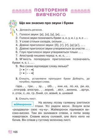 ÏÎÂÒÎÐÅÍÍß
ÂÈÂ×ÅÍÎÃÎ
Ùî ìè çíàºìî ïðî çâóêè ³ áóêâè
1. Äîïîâí³òü ðå÷åííÿ.
1. Ãîëîñí³ çâóêè: [à], [î], [ó], [è], … .
2. Ãîëîñí³ çâóêè ïîçíà÷àþòü áóêâè: à, î, ó, è, ³, ó, ÿ, º … .
3. Ó ñëîâ³ ñò³ëüêè ñêëàä³â, ñê³ëüêè … .
4. Äçâ³íê³ ïðèãîëîñí³ çâóêè: [á], [ã], [´], [ä] [ä’], … .
5. Äçâ³íê³ ïðèãîëîñí³ çâóêè óòâîðþþòüñÿ çà ó÷àñòþ … .
6. Ãëóõ³ ïðèãîëîñí³ çâóêè óòâîðþþòüñÿ ò³ëüêè … .
7. Àïîñòðîô ïèøåìî ïåðåä: ÿ, þ, º, … .
8. Ì’ÿê³ñòü ïîïåðåäí³õ ïðèãîëîñíèõ ïîçíà÷àþòü
áóêâè: ÿ, º, ³, … .
9. ßêà ñõåìà â³äïîâ³äàº ñëîâó ëÿëüêà?
[= •• |= – ••]
[= •• |– – ••]
2. Ñïèø³òü, óñòàâëÿþ÷è ïðîïóùåí³ áóêâè Äîáåð³òü, äå
ïîòð³áíî, ïåðåâ³ðí³ ñëîâà.
ãàðà.. , ãðè.. , çó.. , îá³.. , êíè..êà, ëî..êà, ðè..êà,
..îòîãðàô, àïîñòðî.. , ..âîðèé, ..â³ñò, ..âèëèíà, ..àðòóõ,
ë..ñòîê, ñ..ëî, ãð..áíèé, ñë..âîâèé, â..øíåâèé
3. Ñïèø³òü òåêñò.
Íà âåëèêó ë³ñîâó ãàëÿâèíó çëåò³ëèñÿ
ïòàõè. Óñ³ ðàä³ëè âåñí³. Çîçóëÿ âñ³ì
«ðîçäàâàëà» ñâîº «êó-êó». Æàéâîðîíîê ï³äí³ìàâñÿ âè-
ñîêî-âèñîêî. Òàì â³í çàëèâàâñÿ ñï³âîì, à ïîò³ì çíîâó
ïîâåðòàâñÿ. Ñëàâèâ âåñíó ñîëîâåé, àëå éîãî í³õòî íå
áà÷èâ. Â³í ñï³âàâ ó ãóñòîìó çåëåíîìó ëèñò³.
166
æààéâîðîíîê
113
 