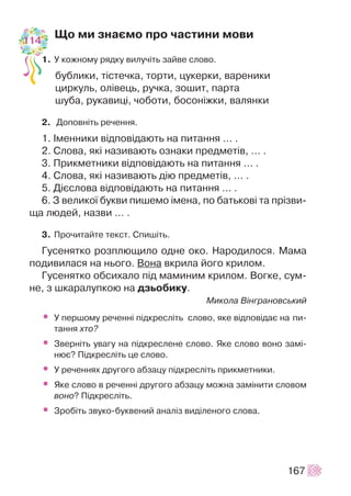 Ùî ìè çíàºìî ïðî ÷àñòèíè ìîâè
1. Ó êîæíîìó ðÿäêó âèëó÷³òü çàéâå ñëîâî.
áóáëèêè, ò³ñòå÷êà, òîðòè, öóêåðêè, âàðåíèêè
öèðêóëü, îë³âåöü, ðó÷êà, çîøèò, ïàðòà
øóáà, ðóêàâèö³, ÷îáîòè, áîñîí³æêè, âàëÿíêè
2. Äîïîâí³òü ðå÷åííÿ.
1. ²ìåííèêè â³äïîâ³äàþòü íà ïèòàííÿ … .
2. Ñëîâà, ÿê³ íàçèâàþòü îçíàêè ïðåäìåò³â, … .
3. Ïðèêìåòíèêè â³äïîâ³äàþòü íà ïèòàííÿ … .
4. Ñëîâà, ÿê³ íàçèâàþòü ä³þ ïðåäìåò³â, … .
5. Ä³ºñëîâà â³äïîâ³äàþòü íà ïèòàííÿ … .
6. Ç âåëèêî¿ áóêâè ïèøåìî ³ìåíà, ïî áàòüêîâ³ òà ïð³çâè-
ùà ëþäåé, íàçâè … .
3. Ïðî÷èòàéòå òåêñò. Ñïèø³òü.
Ãóñåíÿòêî ðîçïëþùèëî îäíå îêî. Íàðîäèëîñÿ. Ìàìà
ïîäèâèëàñÿ íà íüîãî. Âîíà âêðèëà éîãî êðèëîì.
Ãóñåíÿòêî îáñèõàëî ï³ä ìàìèíèì êðèëîì. Âîãêå, ñóì-
íå, ç øêàðàëóïêîþ íà äçüîáèêó.
Ìèêîëà Â³íãðàíîâñüêèé
• Ó ïåðøîìó ðå÷åíí³ ï³äêðåñë³òü ñëîâî, ÿêå â³äïîâ³äàº íà ïè-
òàííÿ õòî?
• Çâåðí³òü óâàãó íà ï³äêðåñëåíå ñëîâî. ßêå ñëîâî âîíî çàì³-
íþº? Ï³äêðåñë³òü öå ñëîâî.
• Ó ðå÷åííÿõ äðóãîãî àáçàöó ï³äêðåñë³òü ïðèêìåòíèêè.
• ßêå ñëîâî â ðå÷åíí³ äðóãîãî àáçàöó ìîæíà çàì³íèòè ñëîâîì
âîíî? Ï³äêðåñë³òü.
• Çðîá³òü çâóêî-áóêâåíèé àíàë³ç âèä³ëåíîãî ñëîâà.
167
114
 