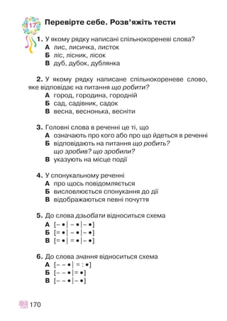 Ïåðåâ³ðòå ñåáå. Ðîçâ’ÿæ³òü òåñòè
1. Ó ÿêîìó ðÿäêó íàïèñàí³ ñï³ëüíîêîðåíåâ³ ñëîâà?
À ëèñ, ëèñè÷êà, ëèñòîê
Á ë³ñ, ë³ñíèê, ë³ñîê
Â äóá, äóáîê, äóáëÿíêà
2. Ó ÿêîìó ðÿäêó íàïèñàíå ñï³ëüíîêîðåíåâå ñëîâî,
ÿêå â³äïîâ³äàº íà ïèòàííÿ ùî ðîáèòè?
À ãîðîä, ãîðîäèíà, ãîðîäí³é
Á ñàä, ñàä³âíèê, ñàäîê
Â âåñíà, âåñíîíüêà, âåñí³òè
3. Ãîëîâí³ ñëîâà â ðå÷åíí³ öå ò³, ùî
À îçíà÷àþòü ïðî êîãî àáî ïðî ùî éäåòüñÿ â ðå÷åíí³
Á â³äïîâ³äàþòü íà ïèòàííÿ ùî ðîáèòü?
ùî çðîáèâ? ùî çðîáèëè?
Â óêàçóþòü íà ì³ñöå ïîä³¿
4. Ó ñïîíóêàëüíîìó ðå÷åíí³
À ïðî ùîñü ïîâ³äîìëÿºòüñÿ
Á âèñëîâëþºòüñÿ ñïîíóêàííÿ äî ä³¿
Â â³äîáðàæàþòüñÿ ïåâí³ ïî÷óòòÿ
5. Äî ñëîâà äçüîáàòè â³äíîñèòüñÿ ñõåìà
À [– ••| – ••|– ••]
Á [= ••| – ••|– ••]
Â [= ••| = ••|– ••]
6. Äî ñëîâà çíàííÿ â³äíîñèòüñÿ ñõåìà
À [– – ••| = : ••]
Á [– – ••|= ••]
Â [– – ••|– ••]
170
117
 