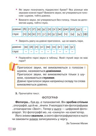 • ßê³ çâóêè ïîçíà÷àþòü ï³äêðåñëåí³ áóêâè? ßêà ð³çíèöÿ ì³æ
çâóêàìè êîæíî¿ ïàðè? Âèìîâòå çâóêè, ÿê³ óòâîðþþòüñÿ ãîëî-
ñîì ³ øóìîì, òîáòî äçâ³íêî.
• Âèìîâòå çâóêè, ÿê³ óòâîðþþòüñÿ áåç ãîëîñó, ò³ëüêè çà äîïî-
ìîãîþ øóìó, òîáòî ãëóõî.
• Çâåðí³òü óâàãó íà äçâ³íê³ ïðèãîëîñí³, ùî íå ìàþòü ïàðè.
• Ïîð³âíÿéòå ïàðí³ çâóêè â òàáëèö³. ßêèé ãëóõèé çâóê íå ìàº
ïàðè?
3. Ïðî÷èòàéòå òåêñò.
ÔÎÒÎÃÐÀÔ
Ôîòîãðà.. áóâ äó..å òàëàíîâèòèé. Â³í çðîáèâ ñò³ëüêè
..îòîãðàô³é, ùî é íå ..ë³÷èòè. Ó ìîëîäîñò³ â³í ôîòîãðàôóâàâ
..îòîàïàðàòîì «Çåí³ò». Òåïåð ó íüîãî — öèôðîâèé ôîòî-
àïàðàò. Óñ³ ôîòîãðàô³¿ ìî..íà «ñêèíóòè» íà êîìï’þòåð.
Éîãî çí³ìêè õâàëèëè, à îõî÷³ ñôîòîãðàôóâàòèñÿ â íüîãî
÷è çàìîâèòè çí³ìîê çàïèñóâàëèñü ó ÷åðãó.
Çà Ãàëèíîþ Ìàëèê
32
äçâ³íê³ [á] [ã] [´] [ä] [ç] [æ] [äæ] [äç] –
ãëóõ³ [ï] [õ] [ê] [ò] [ñ] [ø] [÷] [ö] [ô]
äçâ³íê³ [â] [é] [ë] [ì] [í] [ð]
ãëóõ³ – – – – – – – – –
Ïðèãîëîñí³ çâóêè, ÿê³ âèìîâëÿþòüñÿ ç ãîëîñîì ³
øóìîì, íàçèâàþòüñÿ äçâ³íêèìè.
Ïðèãîëîñí³ çâóêè, ÿê³ âèìîâëÿþòüñÿ ò³ëüêè ç øó-
ìîì, íàçèâàþòüñÿ ãëóõèìè.
Äçâ³íê³ ïðèãîëîñí³ çâóêè íàïðèê³íö³ ñêëàäó òà ñëîâà
âèìîâëÿþòüñÿ äçâ³íêî.
[ä+]
[ñ+]
[ç+] [äç+]
[ò+] [ö+]
[ë+] [í+] [ð+]
P P P
 