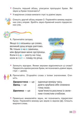 • Ñïèø³òü ïåðøèé àáçàö, óïèñóþ÷è ïðîïóùåí³ áóêâè. ßê³
çâóêè ö³ áóêâè ïîçíà÷àþòü?
• Ó âèä³ëåíèõ ñëîâàõ âèìîâòå ãëóõ³ òà äçâ³íê³ çâóêè.
Ñïèø³òü äðóãèé àáçàö âïðàâè 3. Ïîð³âíÿéòå âèìîâó âèä³ëå-
íèõ ñë³â ó âïðàâ³. Çðîá³òü çâóêî-áóêâåíèé àíàë³ç ï³äêðåñëå-
íèõ ñë³â.
1. Ïðî÷èòàéòå çàãàäêó.
ßêùî ³ç ç â³çüìåø öå ñëîâî,
âåëèêèé äîù âïàäå ðàïòîâî.
ßê ò³ëüêè ç íà ñ çàì³íèø,
ì³æ ôðóêòàìè ìåíå çóñòð³íåø.
Êîëè ÿ ç ä — ðîñòó íà ã³ëö³,
êîëè æ ³ ç ò — ïëèâó ïî ð³÷ö³.
• Çàïèø³òü â³äãàäêè. ßêèìè çâóêàìè â³äð³çíÿþòüñÿ ö³ ñëîâà?
Ï³äêðåñë³òü îäí³ºþ ðèñêîþ áóêâè, ÿê³ ïîçíà÷àþòü äçâ³íê³ çâóêè,
ãëóõ³ — äâîìà.
2. Ïðî÷èòàéòå. Ç’ºäíàéòå ñëîâà ç ¿õí³ìè çíà÷åííÿìè. Ñïè-
ø³òü.
Õâîðîñòèíà — öå îäèíèöÿ âèì³ðó ÷àñó.
Õâîù — öå äîâãà çðóáàíà àáî çëàìàíà
ã³ëêà ëîçè.
Õâèëèíà — öå òðàâ’ÿíèñòà ðîñëèíà ³ç çåëå-
íèì ã³ëëÿñòèì ñòåáëîì.
• Ïðàâèëüíî âèìîâëÿéòå çâóêè, ÿê³ ïîçíà÷àþòü ï³äêðåñëåí³
áóêâè. Ïîð³âíÿéòå âèìîâó öèõ çâóê³â ³ç çâóêîì [ô]. Ñïèø³òü
âèä³ëåí³ ñëîâà.
33
22
 