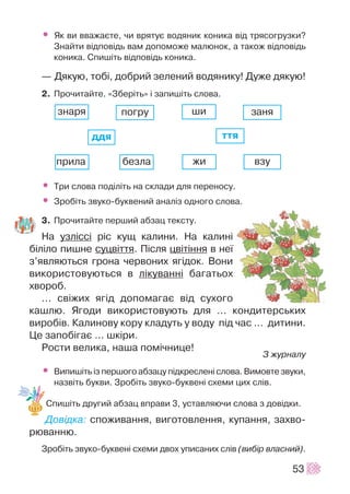 • ßê âè ââàæàºòå, ÷è âðÿòóº âîäÿíèê êîíèêà â³ä òðÿñîãðóçêè?
Çíàéòè â³äïîâ³äü âàì äîïîìîæå ìàëþíîê, à òàêîæ â³äïîâ³äü
êîíèêà. Ñïèø³òü â³äïîâ³äü êîíèêà.
— Äÿêóþ, òîá³, äîáðèé çåëåíèé âîäÿíèêó! Äóæå äÿêóþ!
2. Ïðî÷èòàéòå. «Çáåð³òü» ³ çàïèø³òü ñëîâà.
• Òðè ñëîâà ïîä³ë³òü íà ñêëàäè äëÿ ïåðåíîñó.
• Çðîá³òü çâóêî-áóêâåíèé àíàë³ç îäíîãî ñëîâà.
3. Ïðî÷èòàéòå ïåðøèé àáçàö òåêñòó.
Íà óçë³ññ³ ð³ñ êóù êàëèíè. Íà êàëèí³
á³ë³ëî ïèøíå ñóöâ³òòÿ. Ï³ñëÿ öâ³ò³ííÿ â íå¿
ç’ÿâëÿþòüñÿ ãðîíà ÷åðâîíèõ ÿã³äîê. Âîíè
âèêîðèñòîâóþòüñÿ â ë³êóâàíí³ áàãàòüîõ
õâîðîá.
... ñâ³æèõ ÿã³ä äîïîìàãàº â³ä ñóõîãî
êàøëþ. ßãîäè âèêîðèñòîâóþòü äëÿ ... êîíäèòåðñüêèõ
âèðîá³â. Êàëèíîâó êîðó êëàäóòü ó âîäó ï³ä ÷àñ ... äèòèíè.
Öå çàïîá³ãàº ... øê³ðè.
Ðîñòè âåëèêà, íàøà ïîì³÷íèöå!
Ç æóðíàëó
• Âèïèø³òü ³ç ïåðøîãî àáçàöó ï³äêðåñëåí³ ñëîâà. Âèìîâòå çâóêè,
íàçâ³òü áóêâè. Çðîá³òü çâóêî-áóêâåí³ ñõåìè öèõ ñë³â.
Ñïèø³òü äðóãèé àáçàö âïðàâè 3, óñòàâëÿþ÷è ñëîâà ç äîâ³äêè.
Äîâ³äêà: ñïîæèâàííÿ, âèãîòîâëåííÿ, êóïàííÿ, çàõâî-
ðþâàííþ.
Çðîá³òü çâóêî-áóêâåí³ ñõåìè äâîõ óïèñàíèõ ñë³â (âèá³ð âëàñíèé).
53
ääÿ
çíàðÿ
ïðèëà áåçëà
ïîãðó øè
æè âçó
çàíÿ
òòÿ
 
