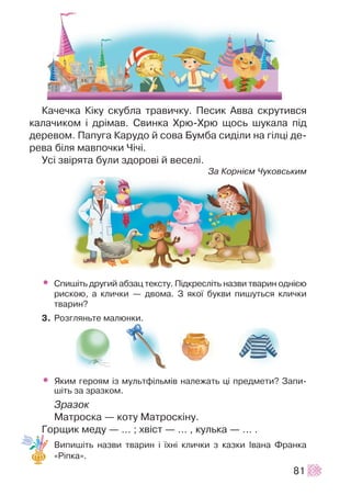 Êà÷å÷êà Ê³êó ñêóáëà òðàâè÷êó. Ïåñèê Àââà ñêðóòèâñÿ
êàëà÷èêîì ³ äð³ìàâ. Ñâèíêà Õðþ-Õðþ ùîñü øóêàëà ï³ä
äåðåâîì. Ïàïóãà Êàðóäî é ñîâà Áóìáà ñèä³ëè íà ã³ëö³ äå-
ðåâà á³ëÿ ìàâïî÷êè ×³÷³.
Óñ³ çâ³ðÿòà áóëè çäîðîâ³ é âåñåë³.
Çà Êîðí³ºì ×óêîâñüêèì
• Ñïèø³òü äðóãèé àáçàö òåêñòó. Ï³äêðåñë³òü íàçâè òâàðèí îäí³ºþ
ðèñêîþ, à êëè÷êè — äâîìà. Ç ÿêî¿ áóêâè ïèøóòüñÿ êëè÷êè
òâàðèí?
3. Ðîçãëÿíüòå ìàëþíêè.
• ßêèì ãåðîÿì ³ç ìóëüòô³ëüì³â íàëåæàòü ö³ ïðåäìåòè? Çàïè-
ø³òü çà çðàçêîì.
Çðàçîê
Ìàòðîñêà — êîòó Ìàòðîñê³íó.
Ãîðùèê ìåäó — ... ; õâ³ñò — ... , êóëüêà — ... .
Âèïèø³òü íàçâè òâàðèí ³ ¿õí³ êëè÷êè ç êàçêè ²âàíà Ôðàíêà
«Ð³ïêà».
81
 
