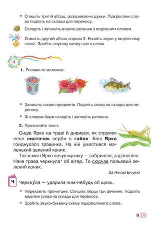 • Ñïèø³òü òðåò³é àáçàö, ðîçêðèâàþ÷è äóæêè. Ï³äêðåñëåí³ ñëî-
âà ïîä³ë³òü íà ñêëàäè äëÿ ïåðåíîñó.
Ñêëàä³òü ³ çàïèø³òü âëàñíå ðå÷åííÿ ç âèä³ëåíèì ñëîâîì.
Ñïèø³òü äðóãèé àáçàö âïðàâè 3. Íàçâ³òü çâóêè ó âèä³ëåíîìó
ñëîâ³. Çðîá³òü çâóêîâó ñõåìó öüîãî ñëîâà.
1. Ðîçëÿíüòå ìàëþíêè.
• Çàïèø³òü íàçâè ïðåäìåò³â. Ïîä³ë³òü ñëîâà íà ñêëàäè äëÿ ïå-
ðåíîñó.
• Ç³ ñëîâîì éîðæ ñêëàä³òü ³ çàïèø³òü ðå÷åííÿ.
2. Ïðî÷èòàéòå òåêñò.
Ñèä³â ßðêî íà òðàâ³ é äèâèâñÿ, ÿê ñòðóìîê
íåñå ëèñòî÷îê âåðáè â ãàéîê. Á³ëÿ ßðêà
ãîéäíóëàñÿ òðàâèíêà. Íà í³é óìîñòèâñÿ ìà-
ëåíüêèé çåëåíèé êîíèê.
Ò³º¿ æ ìèò³ ßðêî ïî÷óâ ìóçèêó — çàáðèí³ëî, çàäçâåí³ëî.
Íà÷å òðàâà ÷åðêíóëà* îá â³òåð. Òî ñþð÷àâ ïîëüîâèé çå-
ëåíèé êîíèê.
Çà Í³íîþ Á³÷óºþ
×åðêíóëà — óäàðèëà ÷èì-íåáóäü îá ùîñü.
• Ïåðåêàæ³òü ïðî÷èòàíå. Ñïèø³òü ïåðø³ òðè ðå÷åííÿ. Ïîä³ë³òü
âèä³ëåí³ ñëîâà íà ñêëàäè äëÿ ïåðåíîñó.
• Çðîá³òü çâóêî-áóêâåíó ñõåìó ï³äêðåñëåíîãî ñëîâà.
9
×
4
 
