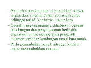 – Penelitian pendahuluan menunjukkan bahwa
terjadi daur internal dalam ekosistem darat
sehingga terjadi konservasi unsur hara.
– Daerah yang tanamannya dihabiskan dengan
penebangan dan penyemprotan herbisida
digunakan untuk mempelajari pengaruh
tanaman terhadap kandungan unsur hara tanah.
– Perlu penambahan pupuk nitrogen kimiawi
untuk menumbuhkan tanaman
 