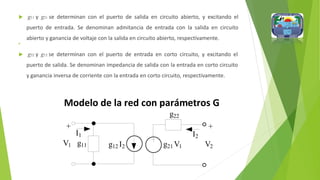  g11 y g21 se determinan con el puerto de salida en circuito abierto, y excitando el
puerto de entrada. Se denominan admitancia de entrada con la salida en circuito
abierto y ganancia de voltaje con la salida en circuito abierto, respectivamente.

 g22 y g12 se determinan con el puerto de entrada en corto circuito, y excitando el
puerto de salida. Se denominan impedancia de salida con la entrada en corto circuito
y ganancia inversa de corriente con la entrada en corto circuito, respectivamente.
Modelo de la red con parámetros G
+
I1
V1 g11 g12 I2
g22
+
I2
g21 V1 V2
 
