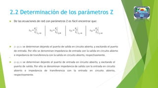 2.2 Determinación de los parámetros Z
 De las ecuaciones de red con parámetros Z es fácil encontrar que:
 z11 y z21 se determinan dejando el puerto de salida en circuito abierto, y excitando el puerto
de entrada. Por ello se denominan impedancia de entrada con la salida en circuito abierto
e impedancia de transferencia con la salida en circuito abierto, respectivamente.

 z22 y z12 se determinan dejando el puerto de entrada en circuito abierto, y excitando el
puerto de salida. Por ello se denominan impedancia de salida con la entrada en circuito
abierto e impedancia de transferencia con la entrada en circuito abierto,
respectivamente.
 