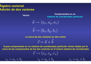 Álgebra vectorial
Adición de dos vectores
Vector
Componentes en un
sistema de coordenadas particular
La suma de dos vectores es otro vector
Cuyas componentes en un sistema de coordenadas particular vienen dadas por la
suma de las componentes de los dos vectores en el mismo sistema de coordenadas
 