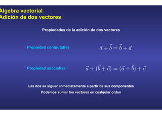Álgebra vectorial
Adición de dos vectores
Propiedades de la adición de dos vectores
Propiedad conmutativa
Propiedad asociativa
Las dos se siguen inmediatamente a partir de sus componentes
Podemos sumar los vectores en cualquier orden
 