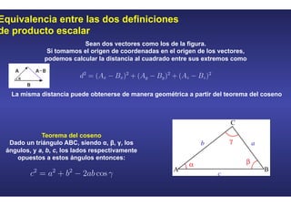 Equivalencia entre las dos definiciones
de producto escalar
s fácilmente cuando se estudian sus propiedades geométricas a partir de las
ores.
ector en función de las componentes de A y B de acuerdo con la Figura 1 se
métricamente por el teorema del coseno:
Figura 1. Diferencia de vectores
Ver Simulación
por dos procedimientos diferentes, se hace evidente la igualdad:
ica como sigue:
s a ambos lados de la igualdad se llega a la ecuación mas conocida del producto
cuación 1 Producto escalar de dos vectores
Volver a Cálculo vectorial
Sean dos vectores como los de la figura.
Si tomamos el origen de coordenadas en el origen de los vectores,
podemos calcular la distancia al cuadrado entre sus extremos como
La misma distancia puede obtenerse de manera geométrica a partir del teorema del coseno
Teorema del coseno
Dado un triángulo ABC, siendo α, β, γ, los
ángulos, y a, b, c, los lados respectivamente
opuestos a estos ángulos entonces:
 