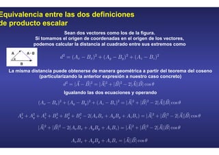 Equivalencia entre las dos definiciones
de producto escalar
s fácilmente cuando se estudian sus propiedades geométricas a partir de las
ores.
ector en función de las componentes de A y B de acuerdo con la Figura 1 se
métricamente por el teorema del coseno:
Figura 1. Diferencia de vectores
Ver Simulación
por dos procedimientos diferentes, se hace evidente la igualdad:
ica como sigue:
s a ambos lados de la igualdad se llega a la ecuación mas conocida del producto
cuación 1 Producto escalar de dos vectores
Volver a Cálculo vectorial
Sean dos vectores como los de la figura.
Si tomamos el origen de coordenadas en el origen de los vectores,
podemos calcular la distancia al cuadrado entre sus extremos como
La misma distancia puede obtenerse de manera geométrica a partir del teorema del coseno
(particularizando la anterior expresión a nuestro caso concreto)
Igualando las dos ecuaciones y operando
 