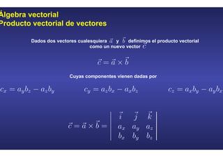 Álgebra vectorial
Producto vectorial de vectores
Dados dos vectores cualesquiera y definimos el producto vectorial
como un nuevo vector
Cuyas componentes vienen dadas por
 