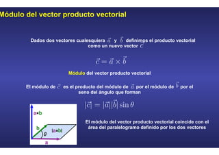 Módulo del vector producto vectorial
Dados dos vectores cualesquiera y definimos el producto vectorial
como un nuevo vector
Módulo del vector producto vectorial
El módulo de es el producto del módulo de por el módulo de por el
seno del ángulo que forman
El módulo del vector producto vectorial coincide con el
área del paralelogramo definido por los dos vectores
 