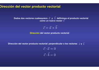 Dirección del vector producto vectorial
Dados dos vectores cualesquiera y definimos el producto vectorial
como un nuevo vector
Dirección del vector producto vectorial
Dirección del vector producto vectorial: perpendicular a los vectores y
 