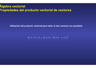 Álgebra vectorial
Propiedades del producto vectorial de vectores
Utilización del producto vectorial para saber si dos vectores son paralelos
 