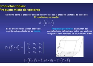 Productos triples:
Producto mixto de vectores
Se define como el producto escalar de un vector por el producto vectorial de otros dos
El resultado es un escalar
Si los tres vectores vienen dados en
coordenadas cartesianas se calcula
Propiedad geométrica: el volumen del
paralelepípedo definido por estos tres vectores
es igual al valor absoluto de su producto mixto
 