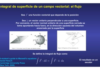 Integral de superficie de un campo vectorial: el flujo
El resultado es un
escalar
Sea una función vectorial que depende de la posición
Sea un vector unitario perpendicular a una superficie.
Por convenio, el vector normal unitario de una superficie cerrada se
toma apuntando hacia fuera, en la dirección opuesta del volumen
encerrado por la superficie
Se define la integral de flujo como
A student’s guide to Maxwell’s equations
Daniel Fleisch
Cambridge University Press
(New York, 2008)
 