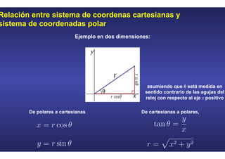 Relación entre sistema de coordenas cartesianas y
sistema de coordenadas polar
Ejemplo en dos dimensiones:
De polares a cartesianas De cartesianas a polares,
asumiendo que θ está medida en
sentido contrario de las agujas del
reloj con respecto al eje x positivo
 