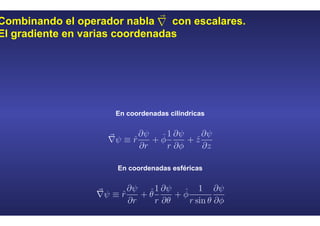 Combinando el operador nabla con escalares.
El gradiente en varias coordenadas
En coordenadas cilíndricas
En coordenadas esféricas
 