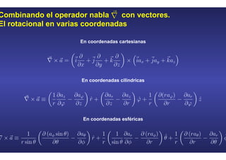 Combinando el operador nabla con vectores.
El rotacional en varias coordenadas
En coordenadas cartesianas
En coordenadas cilíndricas
En coordenadas esféricas
 