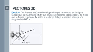 VECTORES 3D
Ejercicio: Dos fuerzas actúan sobre el gancho que se muestra en la figura.
Especifique la magnitud de F2 y sus ángulos directores coordenados, de modo
que la fuerza resultante Fr actúe a los largo del eje y positivo y tenga una
magnitud de 800 N.
 