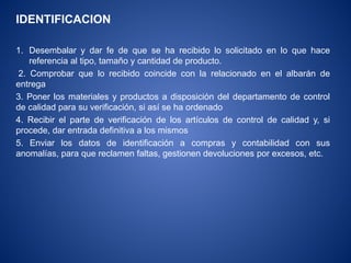 IDENTIFICACION
1. Desembalar y dar fe de que se ha recibido lo solicitado en lo que hace
referencia al tipo, tamaño y cantidad de producto.
2. Comprobar que lo recibido coincide con la relacionado en el albarán de
entrega
3. Poner los materiales y productos a disposición del departamento de control
de calidad para su verificación, si así se ha ordenado
4. Recibir el parte de verificación de los artículos de control de calidad y, si
procede, dar entrada definitiva a los mismos
5. Enviar los datos de identificación a compras y contabilidad con sus
anomalías, para que reclamen faltas, gestionen devoluciones por excesos, etc.
 
