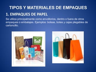 TIPOS Y MATERIALES DE EMPAQUES
1. EMPAQUES DE PAPEL
Se utiliza principalmente como envoltorios, dentro o fuera de otros
empaques o embalajes. Ejemplos: bolsas, botes y cajas plegables de
cartoncillo.
 