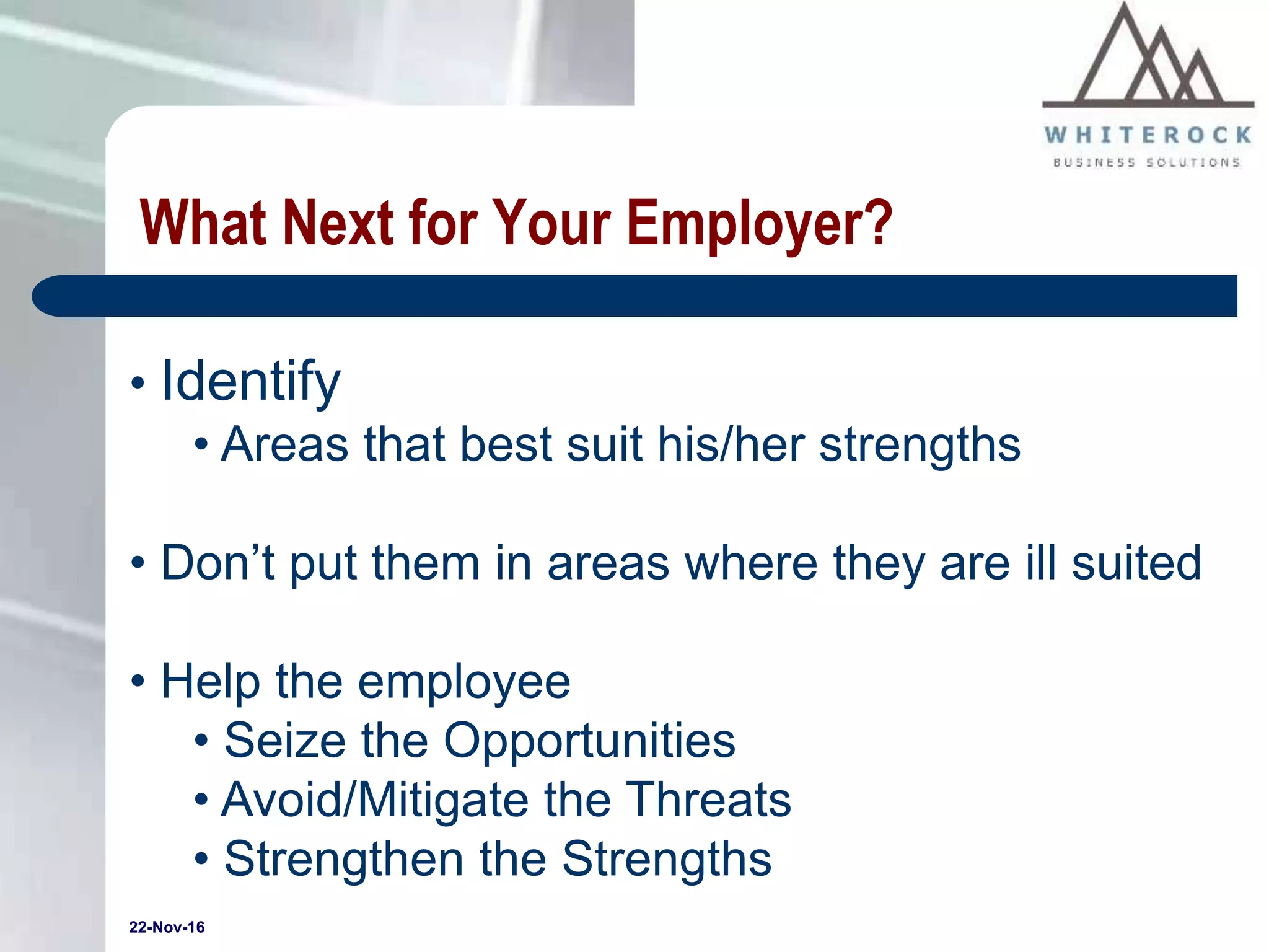 22-Nov-16
What Next for Your Employer?
• Identify
• Areas that best suit his/her strengths
• Don’t put them in areas where they are ill suited
• Help the employee
• Seize the Opportunities
• Avoid/Mitigate the Threats
• Strengthen the Strengths
 