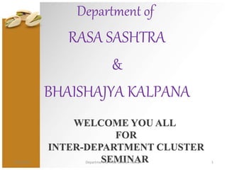 WELCOME YOU ALL
FOR
INTER-DEPARTMENT CLUSTER
SEMINAR
Department of
RASA SASHTRA
&
BHAISHAJYA KALPANA
7/20/2016 Department of RSBK SDMCA-Hassan 1
 