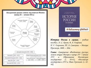 Главы: «Завершение объединения русских
земель вокруг Москвы в конце XV – начале
XVI в. Образование Российского
государства» (с. 38-41), «Российское
государство в XVI в. Иван Грозный» (с. 42-
49).
История России в схемах : учебное
пособие / А. С. Орлов, В. А. Георгиев,
Н. Г. Георгиева, Т. А. Сивохина. – Москва:
Проспект, 2009. – 304с .
 