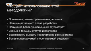 Что даёт использование этой
методологии?
• Понимание, зачем соревнование делается
• Наличие детального плана разработки
• Получение более точной оценки трудозатрат
• Знание о текущем статусе и прогрессе
• Возможность выявить недостатки на ранних этапах
• Более предсказуемый и оцениваемый результат
25-10-2016 Как создать правильную систему соревнований: методология 29
 