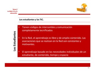 101010
Tema 2
La Web 2.0 y la
educación.
Los estudiantes y las TIC.
• Tienen códigos de intercambio y comunicación
completamente tecnificados
• En la Red, el aprendizaje es libre y de amplio contenido. Las
asociaciones que se realizan en la Red son constantes y
motivantes.
• El aprendizaje basado en las necesidades individuales de un
estudiante, de contenido, tiempo y espacio
LosEstudiantes
 
