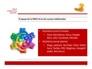 141414
Tema 2
La Web 2.0 y la
educación.
El apoyo de la WEB 2.0 en los cursos tradicionales
• Multidireccional limitada:
• listas telemáticas, foros, Google
docs, wiki, Facebook, Moodle.
• Multidireccional abierta:
• blogs, podcast, YouTube, Flickr, SlideS
hare, Twitter, RSS, Bloglines, GoogleR
eader, Del.icio.us ..
 
