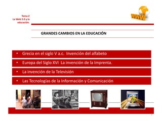 3
Tema 2
La Web 2.0 y la
educación.
GRANDES CAMBIOS EN LA EDUCACIÓN
• Grecia en el siglo V a.c. Invención del alfabeto
• Europa del Siglo XVI La invención de la Imprenta.
• La invención de la Televisión
• Las Tecnologías de la Información y Comunicación
 