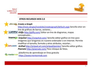 313131
Tema 2
La Web 2.0 y la
educación.
OTROS RECURSOS WEB 2.0
Create a Graph
http://nces.ed.gov/nceskids/createagraph/default.aspx Sencillo eitor on-
line de gráficos de barras, sectores...
Gliffy http://gliffy.com/ Editor on-line de diagramas, mapas
conceptuales...
Snipshot http://snipshot.com/ Sencillo editor gráfico on-line para
imágenes que tengamos en nuestro ordenador o en Internet. Permite
modificar el tamaño, formato y otros atributos, recortar...
ArtPad http://artpad.art.com/artpad/painter/ Sencillo editor gráfico.
Pixenate http://pixenate.com/ Para retoque de fotos.
plataforma de aprendizaje en línea gratuita
https://www.mentormob.com
 