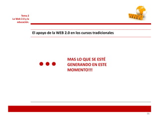 363636
Tema 2
La Web 2.0 y la
educación.
El apoyo de la WEB 2.0 en los cursos tradicionales
MAS LO QUE SE ESTÉ
GENERANDO EN ESTE
MOMENTO!!!
 