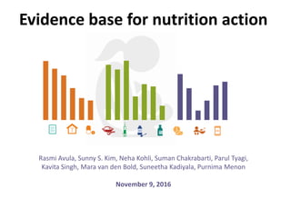 Evidence base for nutrition action
Rasmi Avula, Sunny S. Kim, Neha Kohli, Suman Chakrabarti, Parul Tyagi,
Kavita Singh, Mara van den Bold, Suneetha Kadiyala, Purnima Menon
November 9, 2016
 
