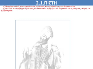 2.1.ΠΙΣΤΗ
ΠΙΣΤΗ
α) Να γράψετε εντός του περιγράμματος τις σκέψεις και τις βεβαιότητες του Φαρισαίου και
β) έξω από το περίγραμμα τις σκέψεις του κοινωνικού περίγυρου του Φαρισαίου και τις δικές σας σκέψεις και
συναισθήματα
 