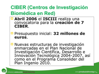 CIBER (Centros de Investigación
Biomédica en Red)
 Abril 2006 el ISCIII realiza una
convocatoria para la creación de 7
CIBER.
 Presupuesto inicial: 32 millones de
euros.
 Nuevas estructuras de investigación
enmarcadas en el Plan Nacional de
Investigación Científica, Desarrollo e
Innovación Tecnológica 2004-2007, así
como en el Programa Consolider del
Plan Ingenio 2010.
 